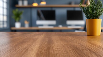 Naklejka premium Modern Workspace with Wooden Table and Green Plant