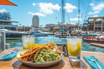 Delicious tacos and refreshing drinks on a waterfront patio with harbor views.