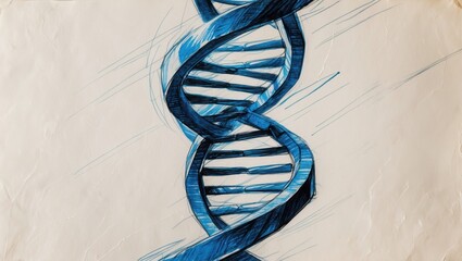 Blue dna double helix science sketch. Drawn strands of dna on white paper background.