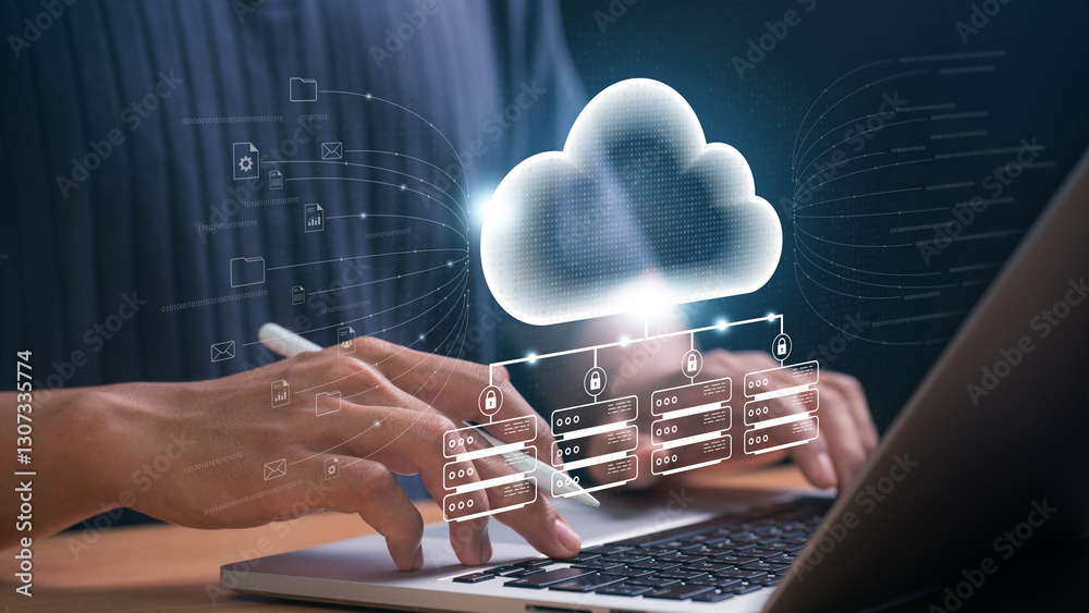 Leinwandbilder Cloud based file storage and data security concept. IT professional manages digital files, ensuring cybersecurity, encryption, online access and network connectivity for seamless business operations