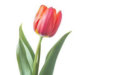 PNG red tulip with green leaves and soft petals in a realistic botanical style
