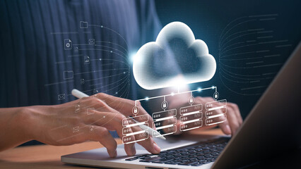 Cloud based file storage and data security concept. IT professional manages digital files, ensuring...