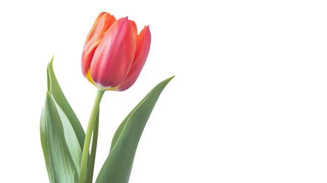 PNG red tulip with green leaves and soft petals in a realistic botanical style