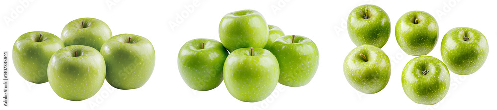 Poster On a white background, a solitary green apple that is very juicy is captured with a clipping path and the entire scene is sharp from front to back