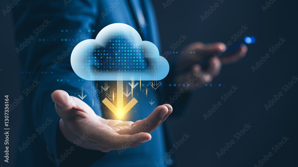Fototapete Cloud computing and data management. businessman presents a glowing cloud computing with a download symbol, representing cloud based storage, secure file transfer, and digital business innovation.