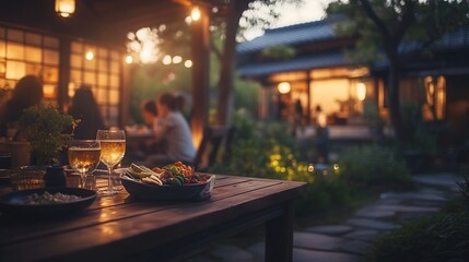 Delicious food on wooden table at a tranquil outdoor Japanese restaurant during evening, friends dining in background.