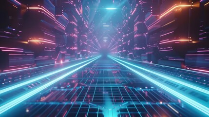 Futuristic Neon Tunnel Abstract Digital Art with Glowing Pink and Blue Lines