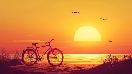 Fototapeta premium A bicycle rests on a beach during a golden sunset