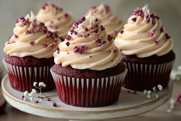 Delectable cupcakes topped with creamy frosting and heart-shaped sprinkles are perfect for a sweet treat or Valentine's Day celebration