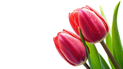 Red tulips PNG with fresh petals and green leaves covered in delicate water droplets