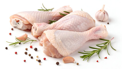 Fresh raw chicken legs with a light pink hue, isolated on a white background, ideal for healthy cooking.