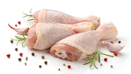 Fresh raw chicken legs with a light pink hue, isolated on a white background, ideal for healthy cooking.