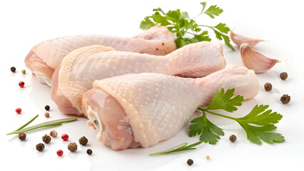 Fresh raw chicken legs with a light pink hue, isolated on a white background, ideal for healthy cooking.