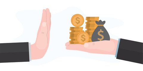 Stop corruption. Anti bribery concept. Hand offers money, other hand shows gesture of refusal. Businessman hand giving bribe in cash. Business man rejecting money offered.