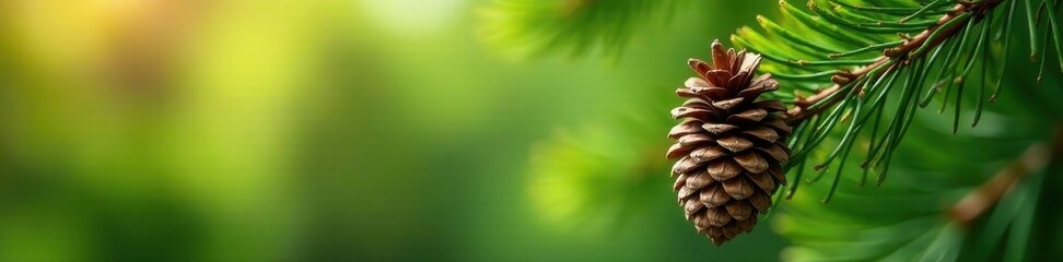 Fototapeta premium Green pinecone on a pine tree, sunlight dappled, green, wildlife, backdrop