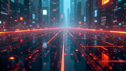 Obraz premium Futuristic Cityscape with Neon Lights and Data