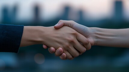 Connection of Two Hands Clasped Together in Urban Environment Symbolizing Unity and Trust
