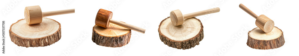 Poster a wooden mallet and shelled walnut are positioned on a log platform, isolated on a white background