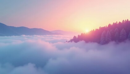 Obraz premium Pastel rainbow gradations blend with morning fog, peaceful scenery, cloudy sky, soft colors