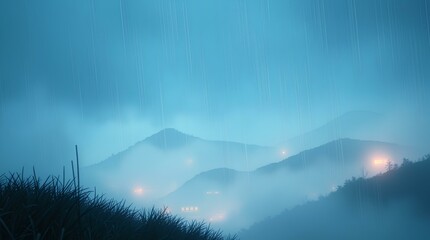 peaceful misty mountain scenery with soft blue tones, floating clouds, and a serene dreamlike atmosphere