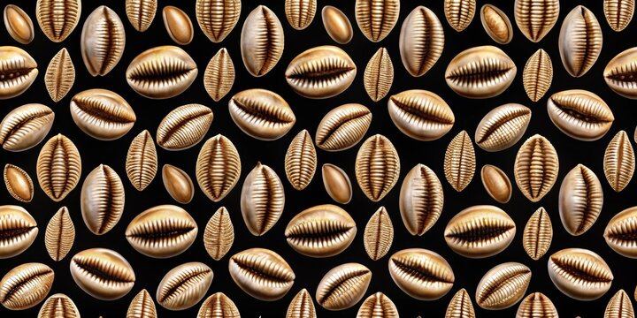 Seamless cowrie shell pattern on black background, decorative designs, shell design