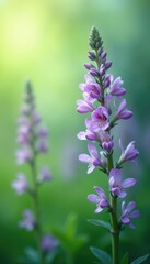 Fototapeta premium Pastel purple flowers swaying in gentle breeze, paisagem, verde