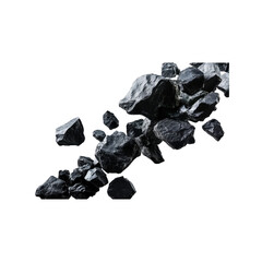 Dark, rough rocks tumbling downward, captured mid-fall, showcasing their jagged edges and textures on a transparent surface.