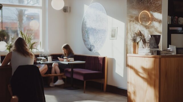 Celestial cafe interior featuring astrology themes and bohemian decor, where customers enjoy beverages and read horoscopes