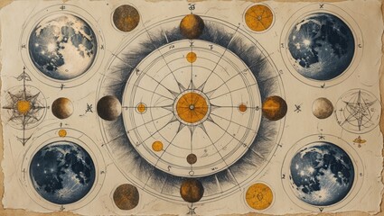 Ink sketch of planets and stars, celestial map on old paper, circles and astrology signs illustration, cosmos chart with sun and planets