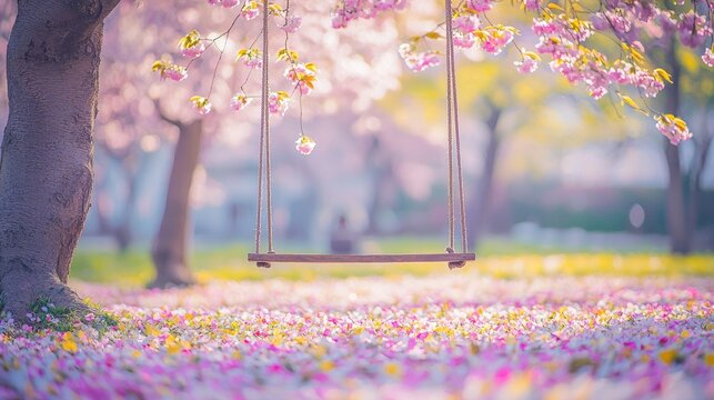 Photography: There is a swing in the cherry blossom grove, hanging from the tree. There is nothing on the swing, facing the camera from the front. 