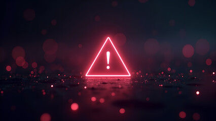 Neon Warning Sign on Dark Bokeh Background