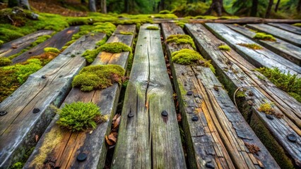 Fototapeta premium Weathered wooden planks with moss and lichen on a rustic forest floor