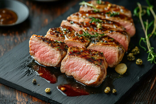 Grilled beef steak. Barbecue ribeye meat slices with seasoning, roasted sirloin fillet on stone plate, delicious juicy cooked entrecote for gourmet dinner