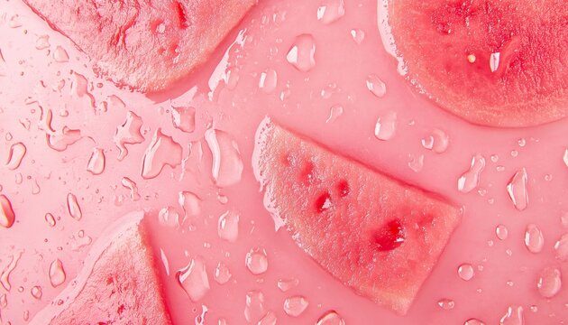 Watermelon slices gleaming with water droplets resting on bright pink surface, embodying summer freshness