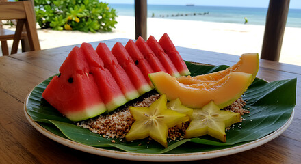 tropical fruit platter with watermelon slices, cantaloupe wedges, and starfruit