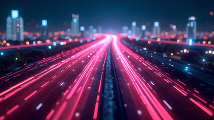 Futuristic Cityscape with Highway Light Streaks