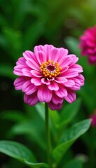 Obraz premium Large pink giant zinnia flower with soft petals in garden, spring, water