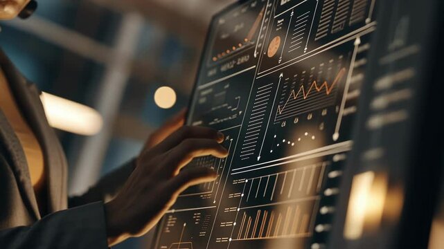 A medium closeup of a holographic interface showcasing realtime data analytics with a focused tech spet adjusting settings with a swipe of their hand.