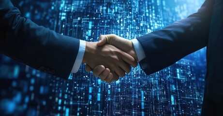 Handshake sealing a tech deal in the digital age, symbolizing partnership and trust amidst an advanced technological backdrop.