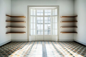 Obraz premium Empty room with sunlight streaming through large window, wooden shelves, and patterned floor.