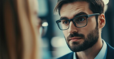 Obraz premium Intense gaze from a bespectacled man, focused and professional. Close-up portrait emphasizing concentration and determination. Looking at someone.
