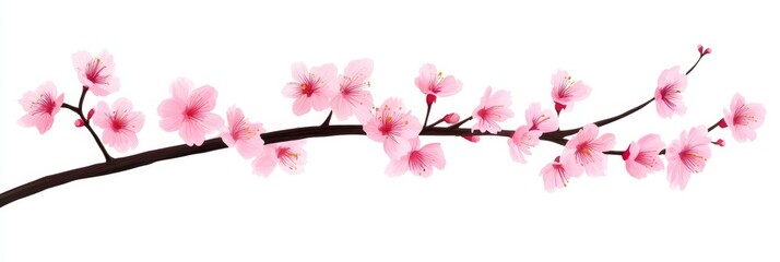Fototapeta premium Pink Cherry Blossom Branch - Delicate pink cherry blossoms in full bloom on a slender branch, isolated on a white background. Perfect for spring themes