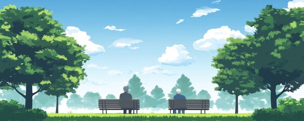 Obraz premium Tranquil Park: Two Figures on Benches, Basking in Summer's Serenity