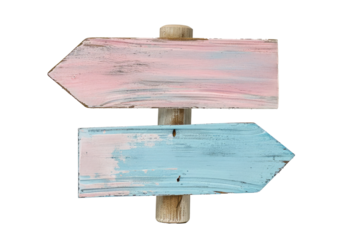 Wooden sign with two blank pink and blue arrow boards on transparent background, ideal for signage, outdoor decoration and design. adventure, nature or travel concepts