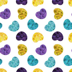 Vector seamless geometric hearts, shapes on white background, triangles polygons abstract background