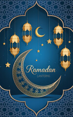 Ornamental Hanging Golden Ramadan Lanterns with Crescent Moon and Stars in an Elegant Islamic Style Reflecting the Spiritual and Festive Atmosphere of Ramadan and Eid with Traditional Arabic Motifs
