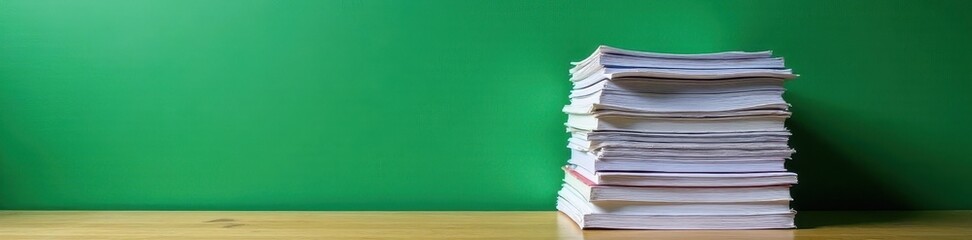 Overwhelming paperwork stack leans against textured green cubicle wall , disorganized, cubicle