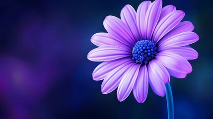 Fototapeta premium Purple Daisy Bloom on Blue Stem - A single purple daisy with a blue center and stem, symbolizes purity, peace, new beginnings, growth, and resilience. Beautiful floral