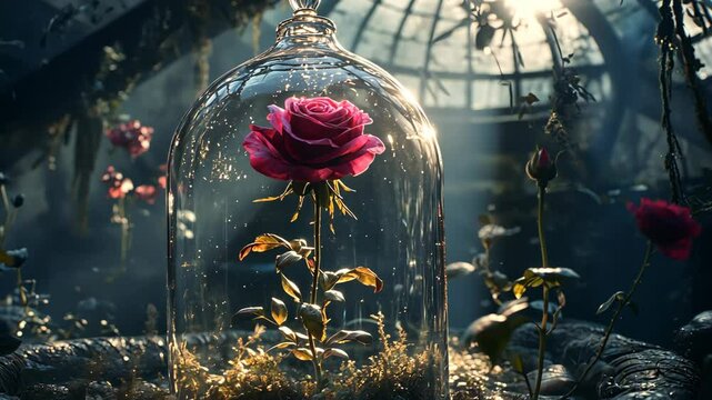 Beautiful pink rose under glass dome in magical, dimly lit setting with ethereal light and enchanting atmosphere