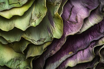 Fototapeta premium Close-up of colorful cabbage leaf layers in green and purple
